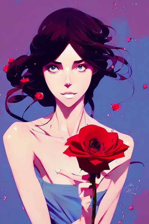 Image similar to a ultradetailed beautiful panting of a stylish woman holding a rose, by conrad roset, greg rutkowski and makoto shinkai, trending on artstation