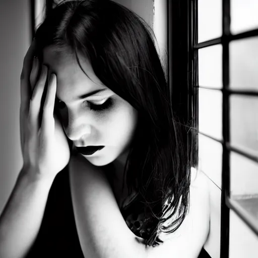 Image similar to black and white fashion photography of a beautiful depressed Woman with detailed face in the heroine chique style standing by the window, natural light, sigma 85mm f/1.4 1/10 sec shutter