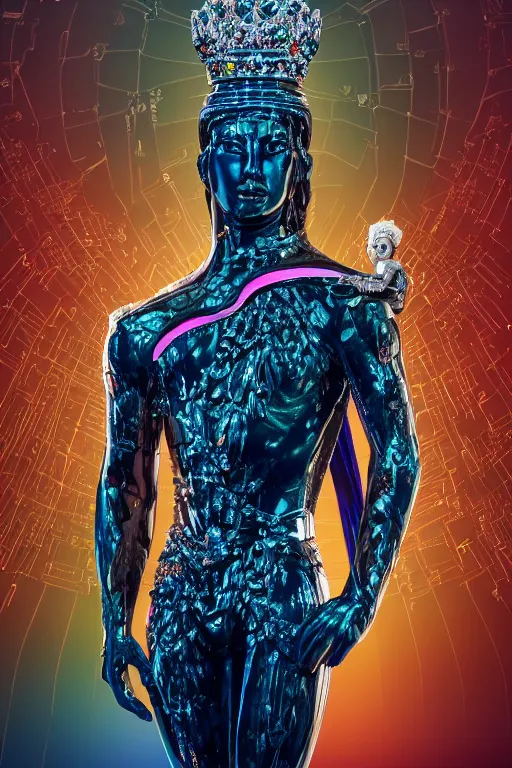 Prompt: hyper detailed ultra sharp fullbody photo of baroque and bladerunner delicate glowing sapphire sculpture of a muscular seductive young spanish king feeling highly aroused, iridescent humanoid deity wearing black cloak holding a rainbow gem, blue diamond, silver metallic sphinx, i glowing pink face, crown of white diamonds, cinematic lighting, photorealistic, octane render 8 k depth of field 3 d