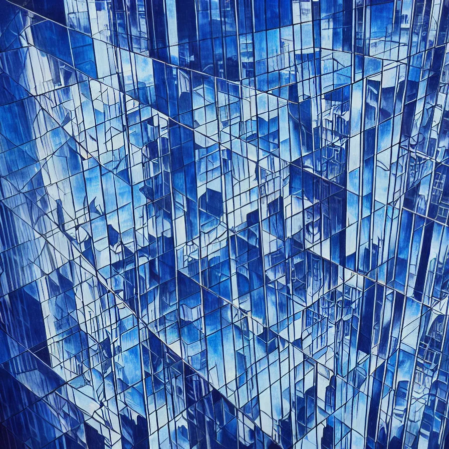 Prompt: surrealist artwork : downward view of a man free falling into a skyscrapper city made of mirrors. blue indigo colour scheme