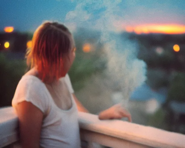 Image similar to lomo photo of pair standing on small hrushevka balcony full with cigarette smoke in small russian town looking at sunset, cinestill, bokeh