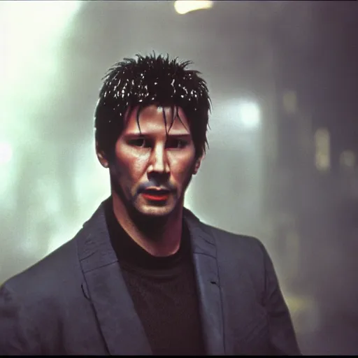Image similar to A young Keanu reeves as Rick Deckard on blade runner 1982, movie still, in color, movie frame, detailed face, symmetrical face, 4k,