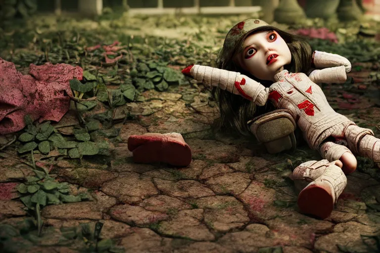 Image similar to Broken ugly toy doll lying on old courtyard with mud and an old playground between two soviet five-storey overgrown with ivy panel houses, high details, cinematic, 8k resolution, beautiful detailed, insanely intricate details, artstation trending, rule of third, octane render, unreal engine