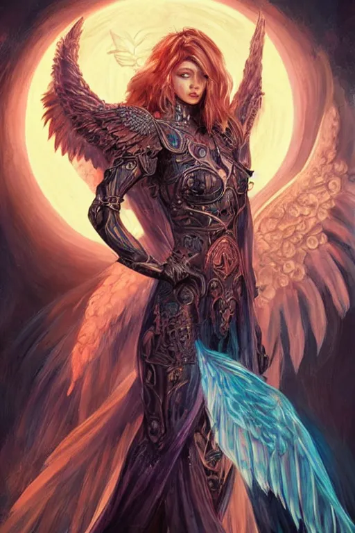 Prompt: half-Body portrait of Angel-Woman with full body armour, big wings, religious tattoos on her neck, art by Artgerm and Paul Andrew Jones, high Fantasy,D&D, aesthetic, sharp focus