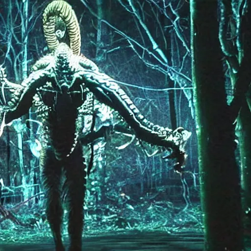 Image similar to footage of a wildcamera showing a demogorgon by night