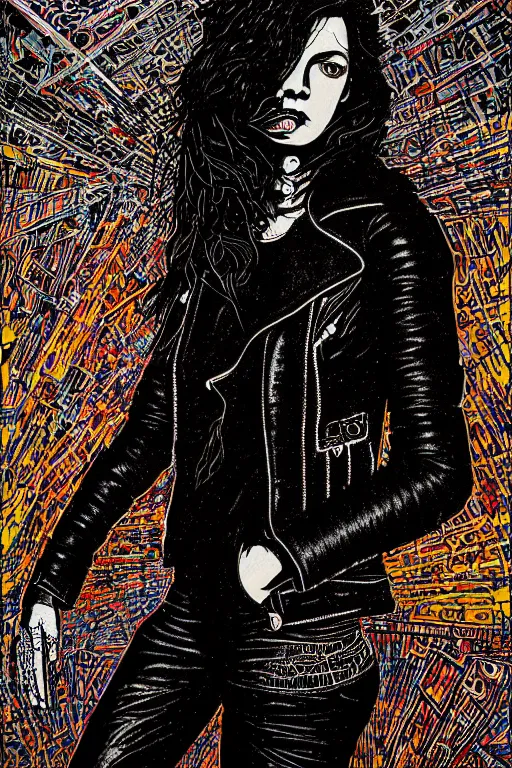 Image similar to dreamy rock girl, black leather jacket, detailed acrylic, grunge, intricate complexity, by dan mumford and by alberto giacometti, peter lindbergh, malevich, william stout