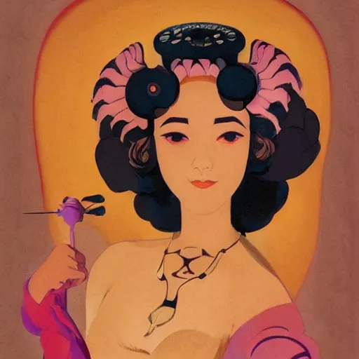 Image similar to an illustration of a fair skin with dark curly stylised hair queen wearing dress, by nicholas roerich, by frank frazetta by georgia o keeffe by frederick william elwell, by otomo, by hans emmenegger, by eyvind earle highly detailed, realistic, outline, line work concept art, jewels, oriental, stylised flat colors, animation