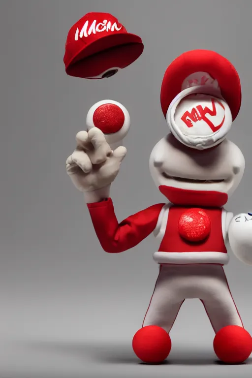 Image similar to a single red m & m candy with white arms and legs, a red sphere wearing a white baseball cap, eminem as the red m character standing on a floor covered with m & m candies, m & m candy dispenser!!!, m & m plush, unreal engine, studio lighting, unreal engine, volumetric lighting, artstation, cosplay, by hans bellmer