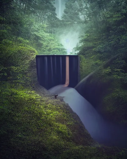 Prompt: a magical dam in the middle of a lush forest at night, minimalist design, architectural photography, dark and dim lighting, beautiful, tranquil, moody, cinematic, fantasy, 3 5 mm lens, volumetric lighting, first person view, photographic render, hyper realistic