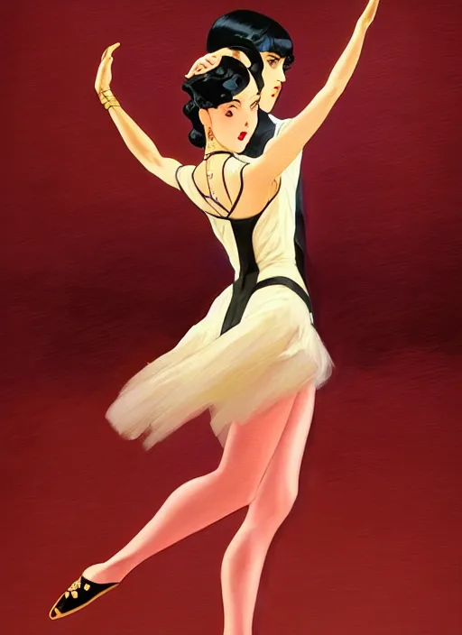 Image similar to a beautiful dancer with black hair in 1930's fashion, ballroom background, intricate, highly detailed, digital painting, artstation, official media, anime key visual, concept art, rich vivid colors, ambient lighting, sharp focus, illustration, art by Artgerm, Makoto Shinkai, Ilya Kuvshinov, Lois Van Baarle, and Rossdraws