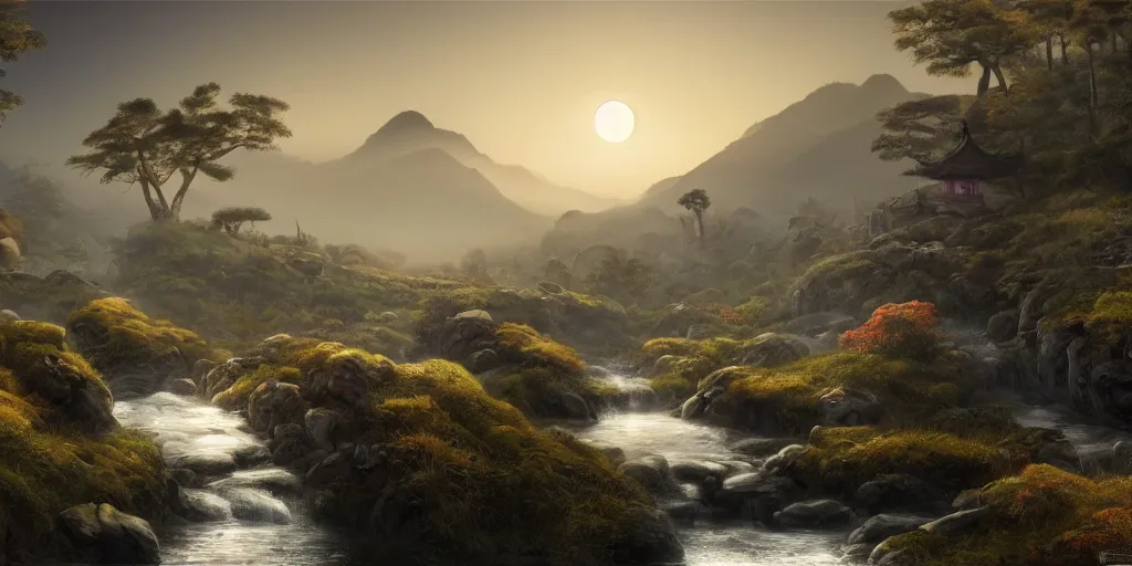 Prompt: masterpiece digital painting of a large landscape, with a chinese temple, streams and rocks, moon disc, stars in the sky, at dawn, emerging sun and hills on the horizon some light fog by wlop and sandara, 8 k, unreal engine, trending on artstation, more dark purple color scheme, cinematic lights, fireflies