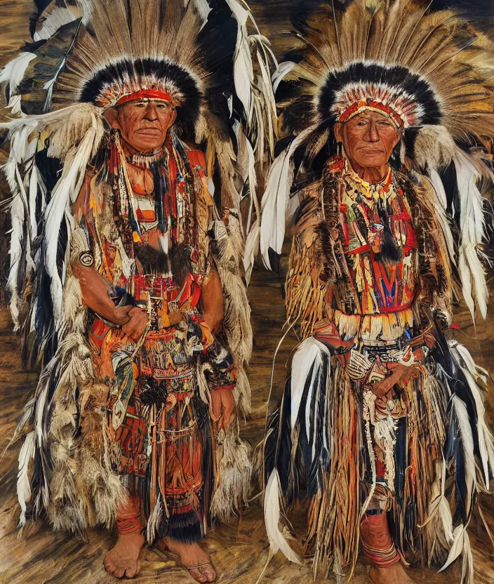 Image similar to full body shot picture of indigenous people, painted by lucian freud, intricate costume design, beautiful feathers, hd, super detailed, realistic, vivid, inspiring