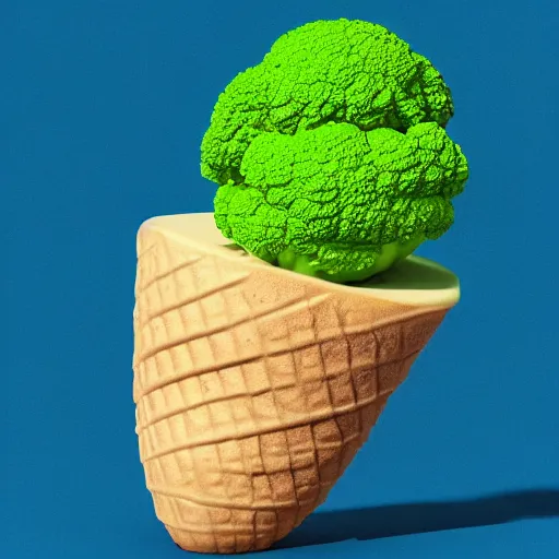 Prompt: a 3 d render of an ice cream in the shape of a brocoli, pixar renderman, trending on artstation, soft lighting, raytracing, high quality, 4 k