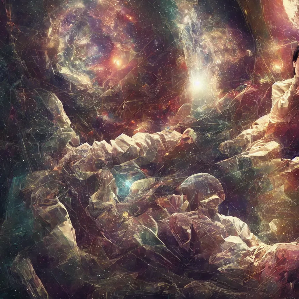 Prompt: jim carey meditating on a couch in space, surreal, unreal engine, intricate, highly detailed, digital painting, trending on artstation, concept art, smooth and sharp focus, illustration,