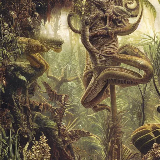 Prompt: an alien chameleon in a primordial jungle by ernst haeckel, highly detailed matte painting, 8k