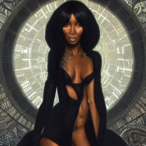 Image similar to full figure ultra realistic illustration, naomi campbell wearing a black suit, intricate, elegant, highly detailed, digital painting, artstation, concept art, smooth, sharp focus, illustration, art by artgerm and greg rutkowski and alphonse mucha