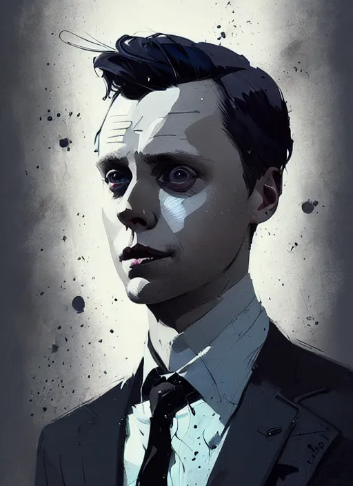 Image similar to highly detailed closeup portrait of martin wallstrom, tyrell wellick, wearing suit by atey ghailan, by greg rutkowski, by greg tocchini, by james gilleard, by joe fenton, by kaethe butcher, gradient blue, black and white color scheme, grunge aesthetic!!! ( ( graffiti tag wall background ) )