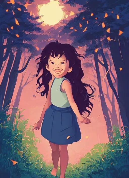 Image similar to little girl with short wavy curly light brown hair chasing fireflies in the woods. clean cel shaded vector art. shutterstock. behance hd by lois van baarle, artgerm, helen huang, by makoto shinkai and ilya kuvshinov, rossdraws, illustration, art by ilya kuvshinov