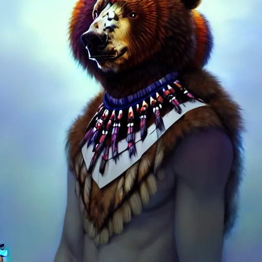 Image similar to anime portrait of a American native shaman wearing a bear headdress by Stanley Artgerm Lau, WLOP, Rossdraws, James Jean, Andrei Riabovitchev, Marc Simonetti, and Sakimichan, trending on artstation