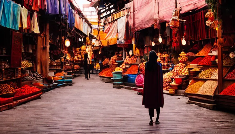 Prompt: movie still photograph of young woman in tunic at spice market, warm air, beautiful composition, cinematic, vibrant colors, lights and shadows, highly detailed, depth of field, volumetric lights