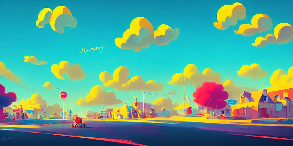 Prompt: curved perspective digital art of a clowdy summer small town street, curvy clouds, by anton fadeev