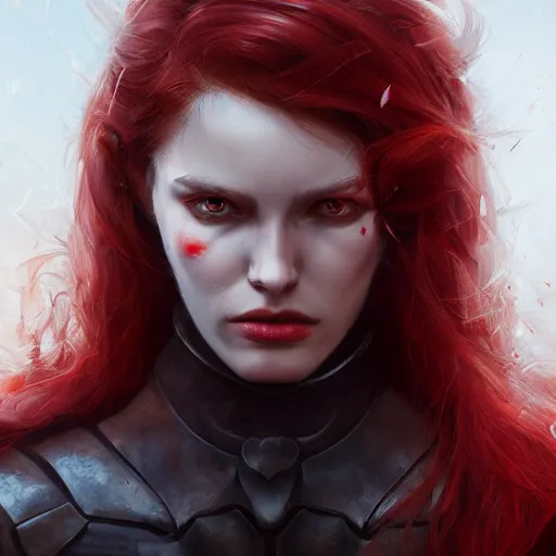 Prompt: head and shoulders, red hair, red eyes, woman, dark leather armor by june jenssen and anna podedworna, artstation