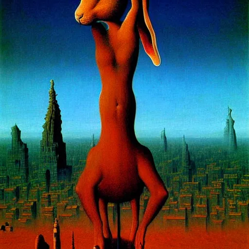Prompt: a giant rabbit stands over a city painting by beksinski, by larry elmore, dali colors. masterpiece painting