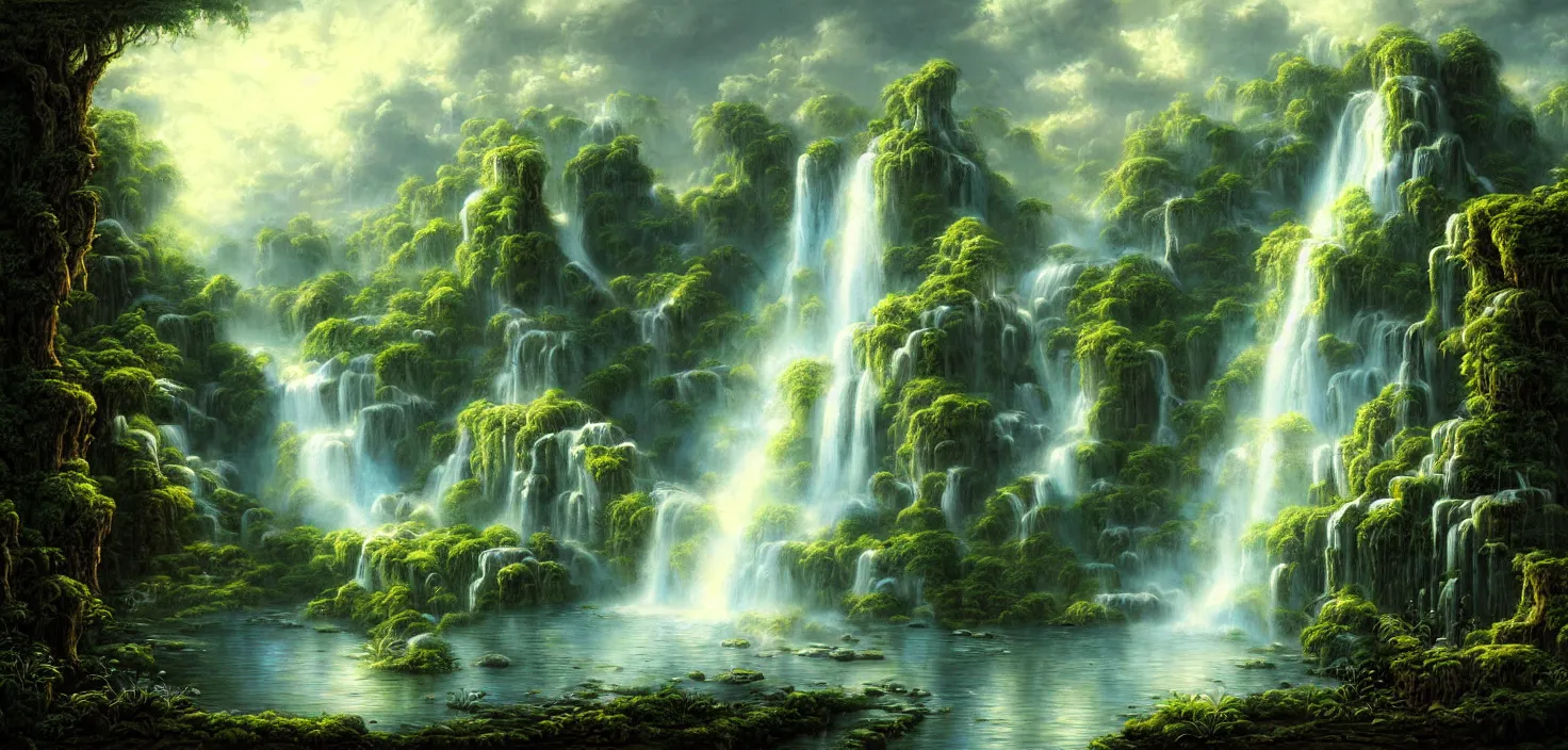 Image similar to a painting of a waterfall in a random magic forest, a detailed matte painting landscape by todd lockwood, deviantart, fantasy art, matte painting, matte drawing, airbrush art