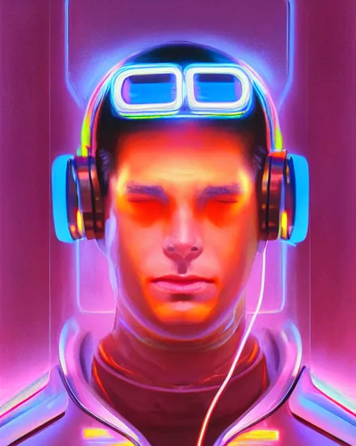 Prompt: future coder man looking on, sleek cyclops visor display over eyes and sleek bright headphoneset, neon accent lights, holographic colors, desaturated headshot portrait digital painting by dean cornwall, rhads, john berkey, tom whalen, alex grey, alphonse mucha, donoto giancola, astronaut cyberpunk electric