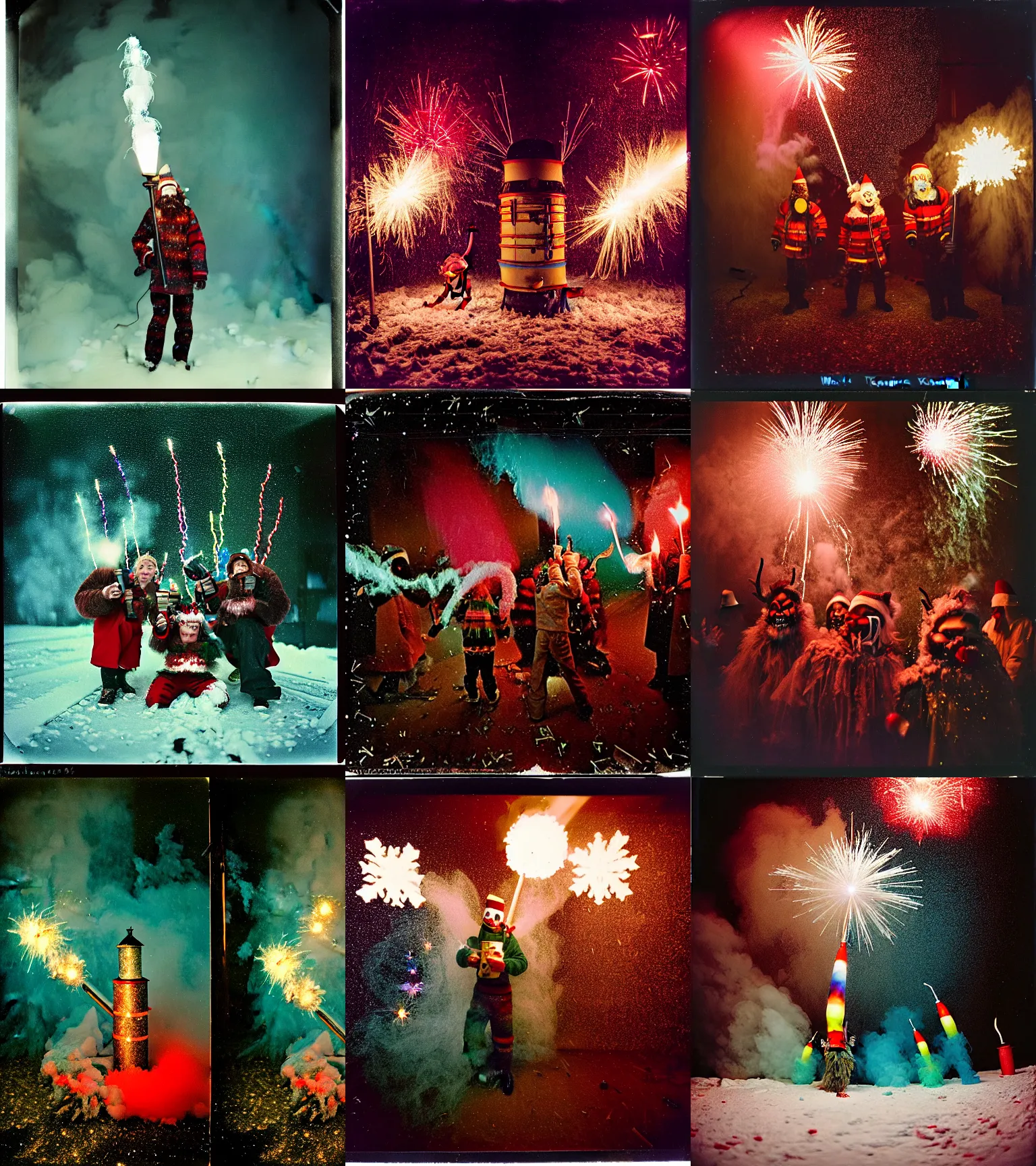 Image similar to kodak portra 4 0 0, wetplate, winter, snowflakes, rainbow coloured rockets, chaos, glitter tornados, award winning dynamic photo of a bunch of hazardous krampus between exploding fire barrels by robert capas, motion blur, in a small pantry at night with colourful pyro fireworks and torches, teal lights