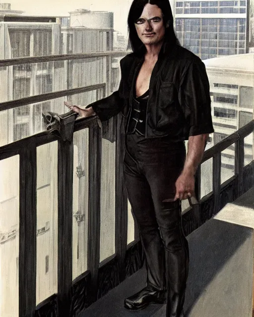 Image similar to rhett sarlin leaning against the rail on a balcony on coruscant, very long black hair brought back into a ponytail, black leather vest, portrait by ralph mcquarrie