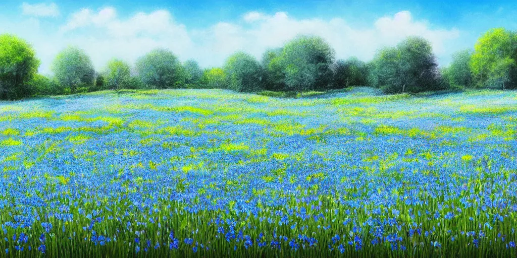 Image similar to field of light blue flowers on a summers day, matte painting