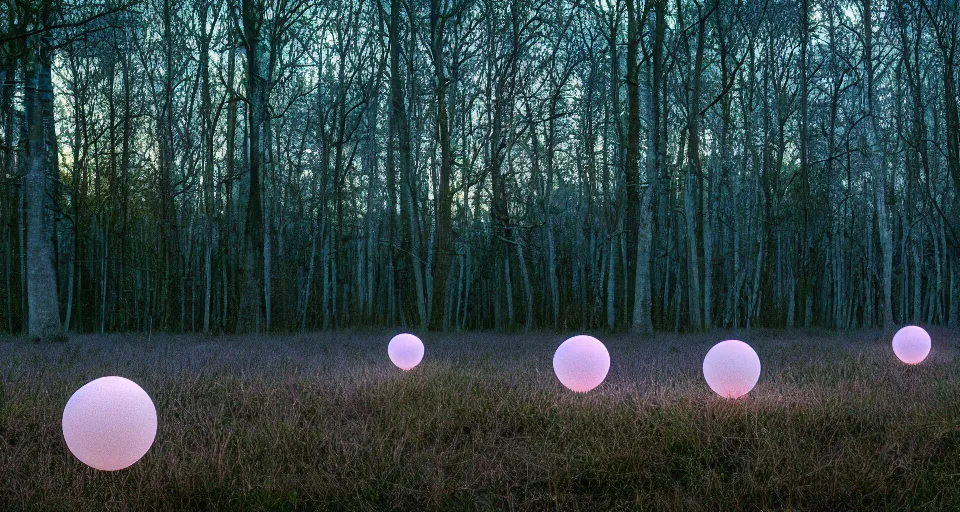 Prompt: softly glowing orbs of soft pastel light floating above the forest floor at twilight, illuminating the surrounding scenery