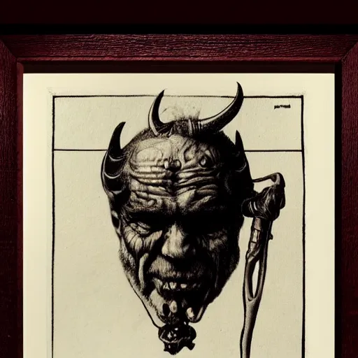 Image similar to devil horned portrait grandpop holding an apple engraved ink stamp aquatint etching intaglio antonio j. manzanedo michael kutsche waldemar von kozak 4k artstation wikiart wikipedia