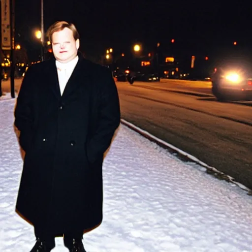 Prompt: 1 9 9 8 andy richter wearing a black wool coat over a black suit and necktie standing on the streets of chicago at night in winter.