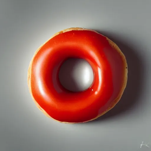 Image similar to Perfectly circular donut!!!!! in the style and shape of a tomato!!!!!!, blended colors!!!!!, trending on artstation, 4k, 8k, professional photography, overhead shot, 35mm lens