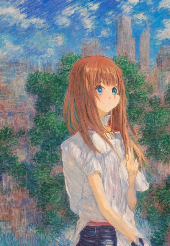 Image similar to wide angle portrait of a teenage girl, a thrifty outfit, very anime in impressionist style, city background, anime trending artwork, anime painter studio, by claude monet