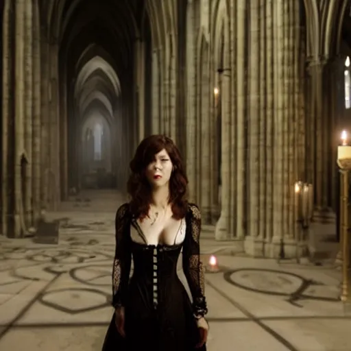 Image similar to mary elizabeth winstead as a vampire about to attack in a gloomy gothic cathedral at night