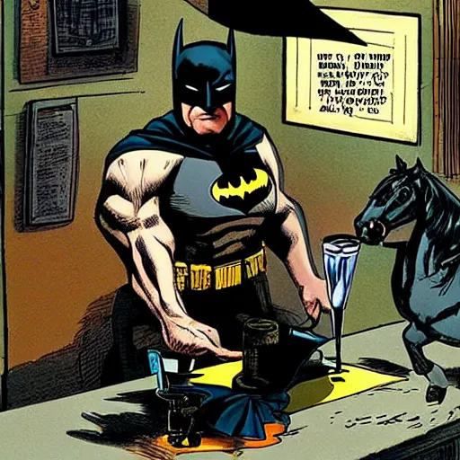 Image similar to batman pouring a pint for a horse aggressively