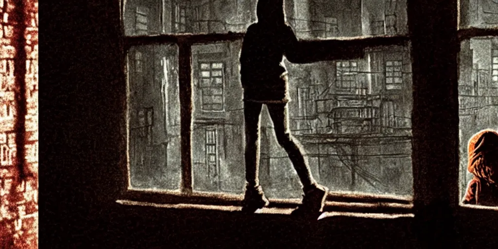 Image similar to at night, sadie sink in hoodie sits on windowsill, knees tucked in | rain falls, old brick wall with ussr propaganda posters : 3 5 mm film, anamorphic, single long shot from schindler's list by steven spielberg. cyberpunk, cinematic atmosphere, detailed and intricate, perfect anatomy