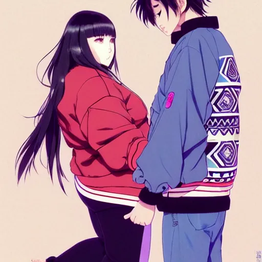 Image similar to a beautiful plus sized model japanese natalie portman, alluring, wearing oversized mayan bomber jacket and leotard with overalls, bulky poofy bomber jacket with mayan patterns, aztec street fashion, gapmoe yandere grimdark, trending on pixiv fanbox, painted by greg rutkowski makoto shinkai takashi takeuchi studio ghibli, akihiko yoshida