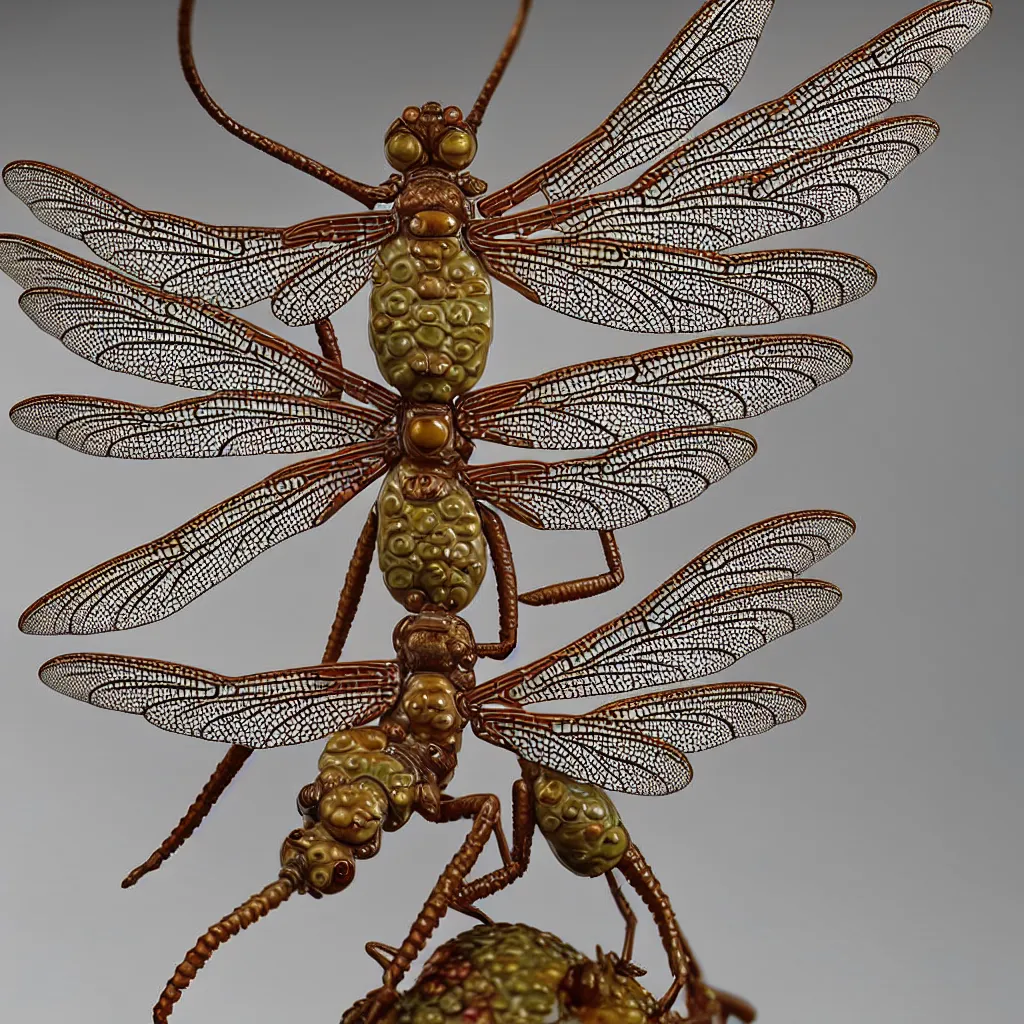 Image similar to A single Close up photo-real delicate ceramic porcelain sculpture of an ornate Symmetrical dragonfly detailed in front of an intricate background by Victo Ngai and takato yamamoto, micro detail, backlit lighting, face in focus, subsurface scattering, translucent, thin porcelain, octane renderer, colorful, physically based rendering, japanese pottery, trending on cgsociety