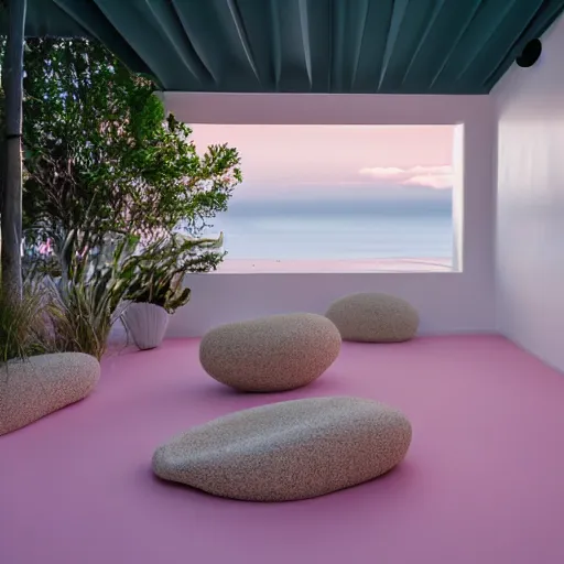 Image similar to An ultra high definition, professional photograph of an outdoor partial IKEA showroom inspired sculpture located on a pastel pink beach ((with pastel pink, dimpled sand where every item is pastel pink. The sun can be seen rising through a window in the showroom.)) The showroom unit is outdoors and the floor is made of dimpled sand. Morning time indirect lighting with on location production lighting on the showroom. In the style of wallpaper magazine, Wes Anderson.