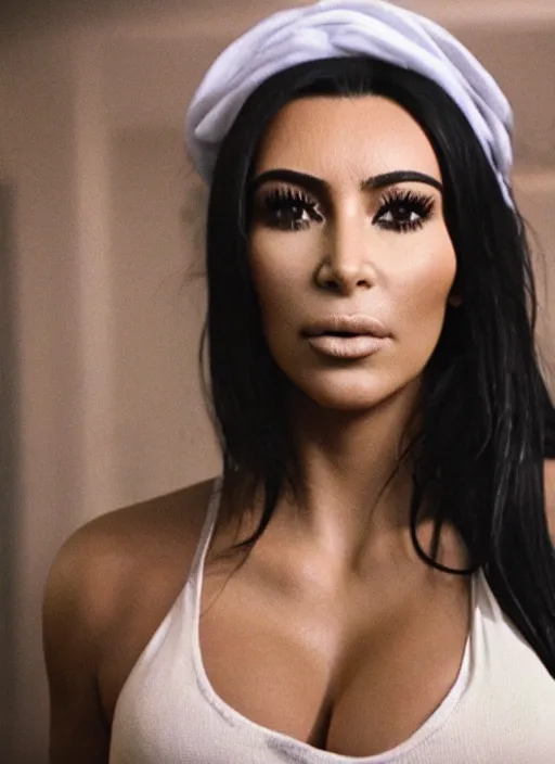 Prompt: film still of kim kardashian dressed as tupac, derelict house, cinematic lighting,