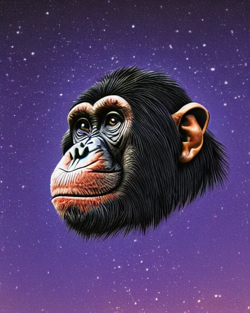 Prompt: very detailed high resolution illustration portrait of a chimpanzee head floating in space, backlit, night covered in stars, 3 d, 8 k, extremely detailed, artstation, furaffinity award winning, sharp focus, illustration, intimidating lighting