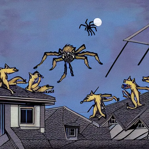 Prompt: A pack of Garou werewolves chase a giant spider across the rooftops of Burnaby. by Ron Spencer.