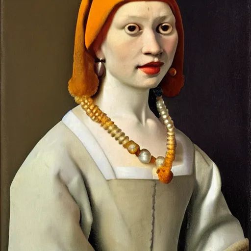 Image similar to an orange cat by jan vermeer, oil painting ， a pearl necklace, byhighly detailed ， headshot, 8 k