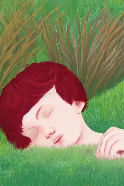 Image similar to a little boy with red hair asleep in a garden. clean elegant pretty cartoon painting, beautiful detailed face, storybook illustration.