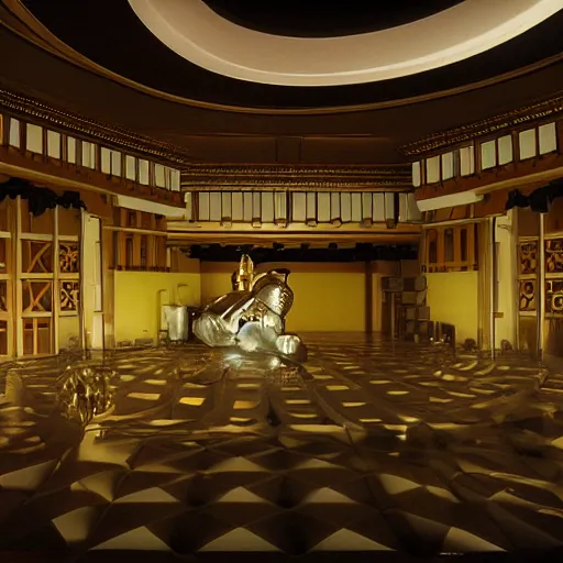 Image similar to a large ornate futuristic dojo, shot by roger deakins, night time, dim cinematic lighting, low ceiling, oscar winning, movie set