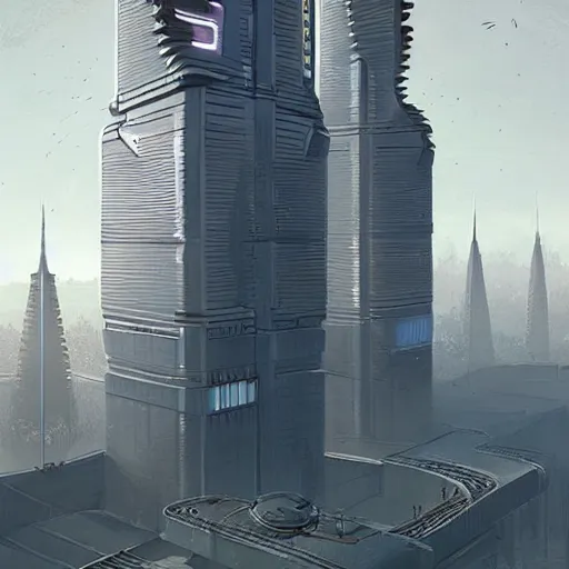 Prompt: tall futuristic buildings by Raphael Lacoste and Simon Stålenhag